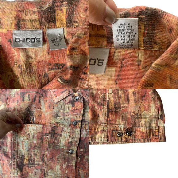 Chico’s Women's Rooftop Print Button Up Casual Cotton Denim Jacket Size 2 - Picture 3 of 7